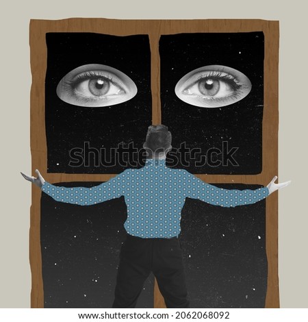 Muse, inspiration. Contemporary art collage of man looking out the window on big beautiful female eyes at night. Concept of art, creativity, imagination, beauty, youth. Copy space for ad