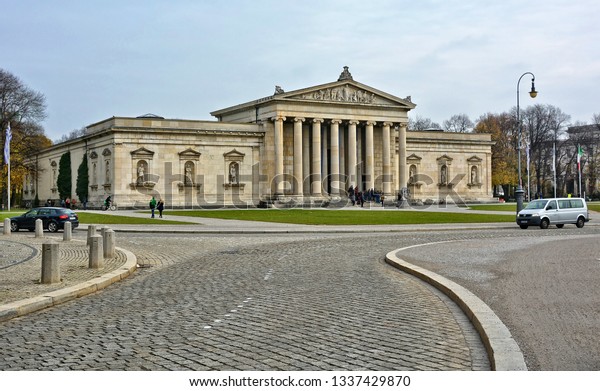 Museum. Arts. Sightseeing. Glyptothek is a museum,\
which was commissioned by the Bavarian King Ludwig I to house his\
collection of Greek & Roman sculptures. Germany, Munich –\
November 17, 2017