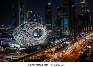 Museum of the future. Night View. Unique perspective. Futuristic design. 
Dubai, UAE - September 2021
