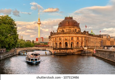 Museum island on Spree river and Alexanderplatz TV tower in center of Berlin, Germany