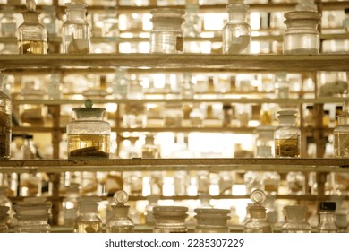Museum shelves with specimens preserved wet in glass jars of formalin. Jarred animals in a scientific collection of biological samples
