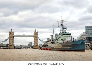 Museum ship and Tower Bridge on the river Thames in London