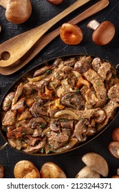 Mushroom Beef Stroganoff, A Casserole Of Boletus, Champignons, And Meat, Overhead Flat Lay Shot With Ingredients