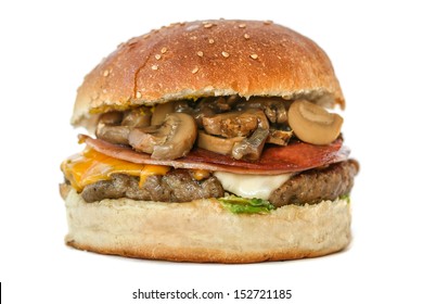 Mushroom Burger. Delicious Grilled Burger With Ham White Cheese, Salami And Mushrooms