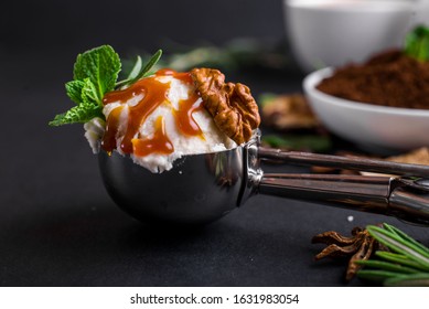 Mushroom Chaga Coffee Superfood Trend-dry and fresh mushrooms and coffee beans on dark background with mint. Ice cream with coffee and caramel