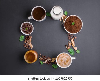 Mushroom Chaga Coffee Superfood Trend-dry And Fresh Mushrooms And Coffee Beans On Dark Background With Mint. Coffee Break