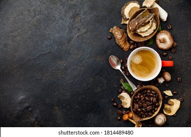 Mushroom Chaga Coffee Superfood Trend-dry And Fresh Mushrooms And Coffee Beans On Dark Background