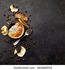 Mushroom Chaga Coffee Superfood Trend-dry And Fresh Mushrooms And Coffee Beans On Dark Background