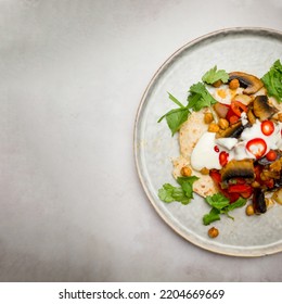 Mushroom, Chickpeas Flatbreads With Red Chilli And Coriander. A Plant-based Healthy Vegan Meal. Beautiful Food Photography.