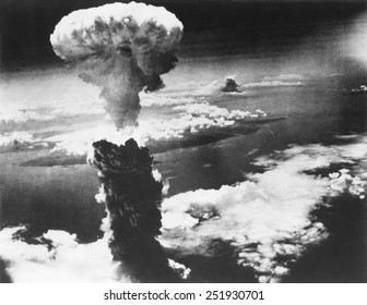 Mushroom Cloud of Atom Bomb exploded over Nagasaki, Japan, on August 9, 1945. World War 2.