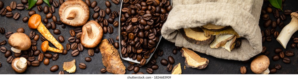 Mushroom  Coffee Superfood -dry And Fresh Mushrooms And Coffee Beans On Dark Background