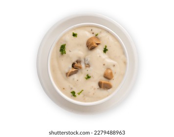 Mushroom cream soup in bowl png background. Top view.