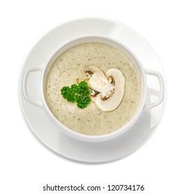 Mushroom Cream Soup Isolated On White, Top View