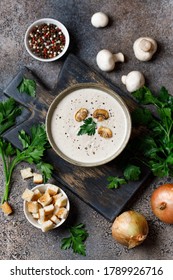 Mushroom Cream Soup On Dark Background. Champignon Soup