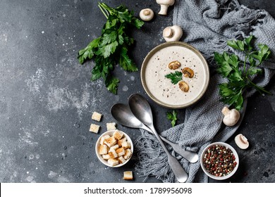 Mushroom Cream Soup On Dark Background. Champignon Soup