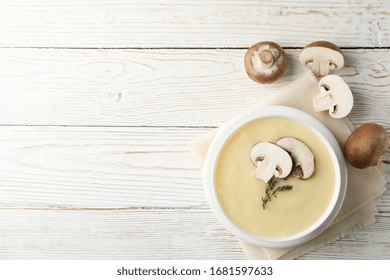 Mushroom Cream Soup On Wooden Background, Top View