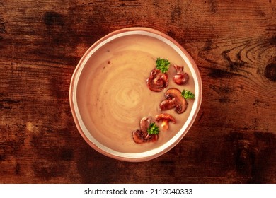 Mushroom Cream Soup, Overhead Shot On A Dark Rustic Wooden Background