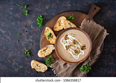 Mushroom Cream Soup. Vegan Food. Dietary Menu. Top View. Flat Lay.