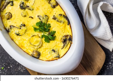 Mushroom Pie Close Up  In Casserole Dish - Overhead View