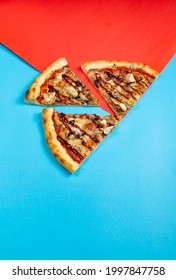 Mushroom Pizza Slices On Color Baground. Creative Food Photo. Pizzeria Promo With Copy Space. Three Slices Of Crusty Pizza. Italian Cuisine