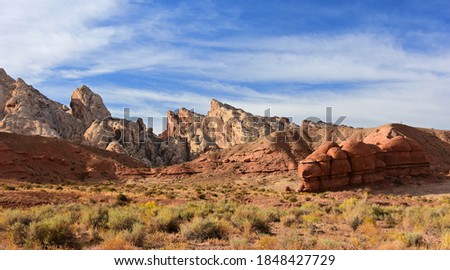 mushroom red rock formations and the spectacular geological uplift of the san rafael swell anticline on a sunny fall day, west of green river, utah 