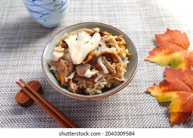 Mushroom Rice With Maitake And Shiitake Mushrooms. A Traditional Staple Food Of Autumn In Japan.