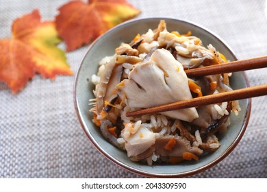 Mushroom Rice With Maitake And Shiitake Mushrooms. A Traditional Staple Food Of Autumn In Japan.