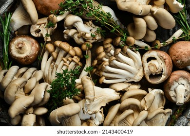 Mushroom set: Maitake Mushrooms, Brown beech mushroom, and champignons. Side view. On a stone background. - Powered by Shutterstock