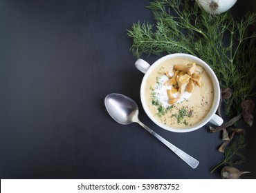 Mushroom Soup With Dill And Croutons.
