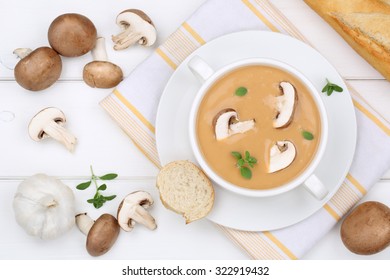 Mushroom Soup Meal With Fresh Mushrooms In Bowl From Above