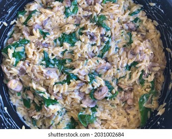 Mushroom And Spinach Orzo With A Creamy Sauce