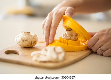 Mushrooms Being Put Into Egg Slicer Kitchen Hack