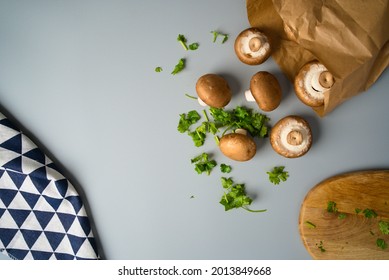 Mushrooms And Coriander On Grey Background Thumnail.