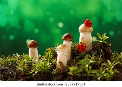 Mushrooms on grass with ladybugs on top, set against a blurred green background. - Powered by Shutterstock