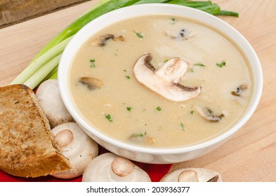 Mushrooms Soup With Spring Onion And Baked Toast Bread