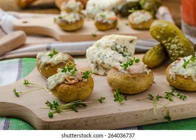 Mushrooms Stuffed With Blue Cheese, Microgreens On Top, Simple Delicious Food Snack