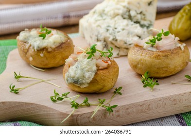 Mushrooms Stuffed With Blue Cheese, Microgreens On Top, Simple Delicious Food Snack