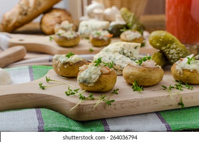 Mushrooms Stuffed With Blue Cheese, Microgreens On Top, Simple Delicious Food Snack