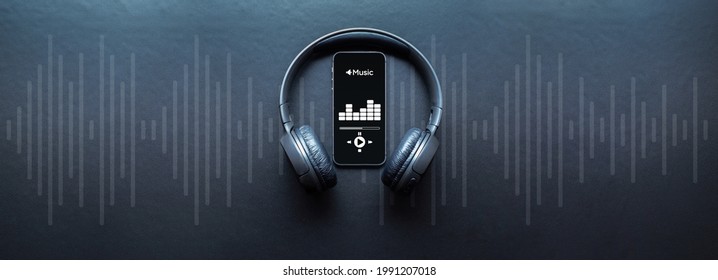 Music audio equipment. Audio beats, sound headphones, music application on mobile smartphone screen. Recording sound voice on dark background. Live online radio player mockup banner