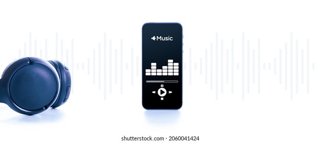 Music Audio Equipment. Audio Beats, Sound Headphones, Music Application On Mobile Smartphone Screen. Recording Sound Voice Isolated On White Background. Live Online Radio Player Mockup Banner