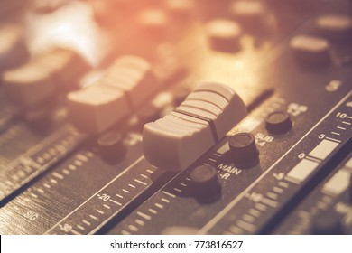 Music Audio System Concept In Vintage Style. Sound Mixer Buttons Control With Black And White Sound Mixer Buttons In Recording Room . Selective Focus.