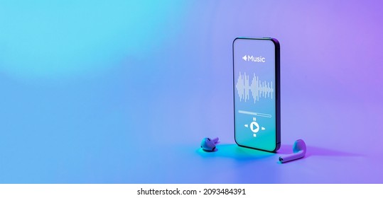 Music Background. Mobile Smartphone Screen With Music Application, Sound Headphones. Audio Voice With Radio Beats On Neon Gradient. Recording Studio Or Podcasting Banner With Copy Space