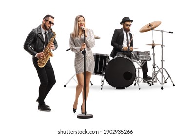 Music Band Of  Drummer, Sax Player And A Female Singer Isolated On White Background