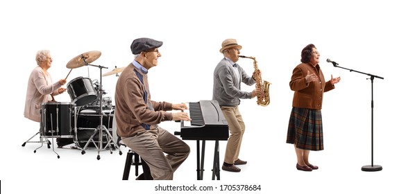 Music Band Of Elderly Keyboard Player, Drummer, Sax Player And A Singer Isolated On White Background