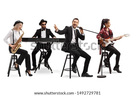 Music band with a guitarist, sax and keyboard and a singer isolated on white background