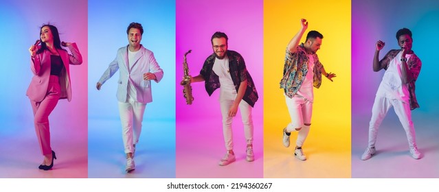 Music Band. Happy Men And Woman, Pop Musicians With Musical Tools Isolated On Multicolored Background In Neon Light. Concept Of Emotions, Art, Ad And Music.