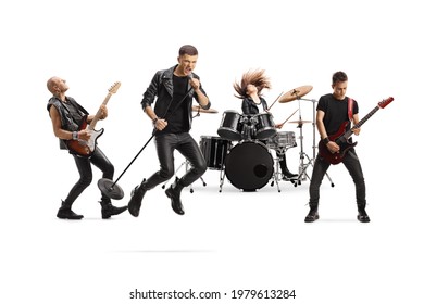 Music Band With A Male Singer Jumping With A Microphone Isolated On White Background