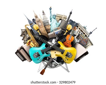 Music Collage, Musical Instruments And World Landmarks