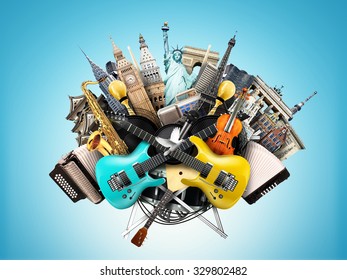 Music Collage, Musical Instruments And World Landmarks