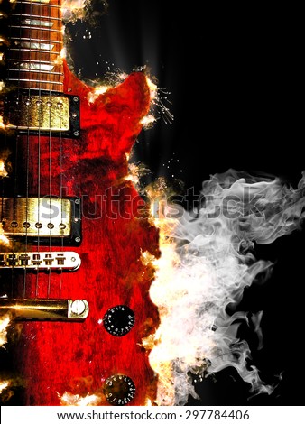 music concept with burn in fire and smoke design red electric guitar isolated on black background in dark